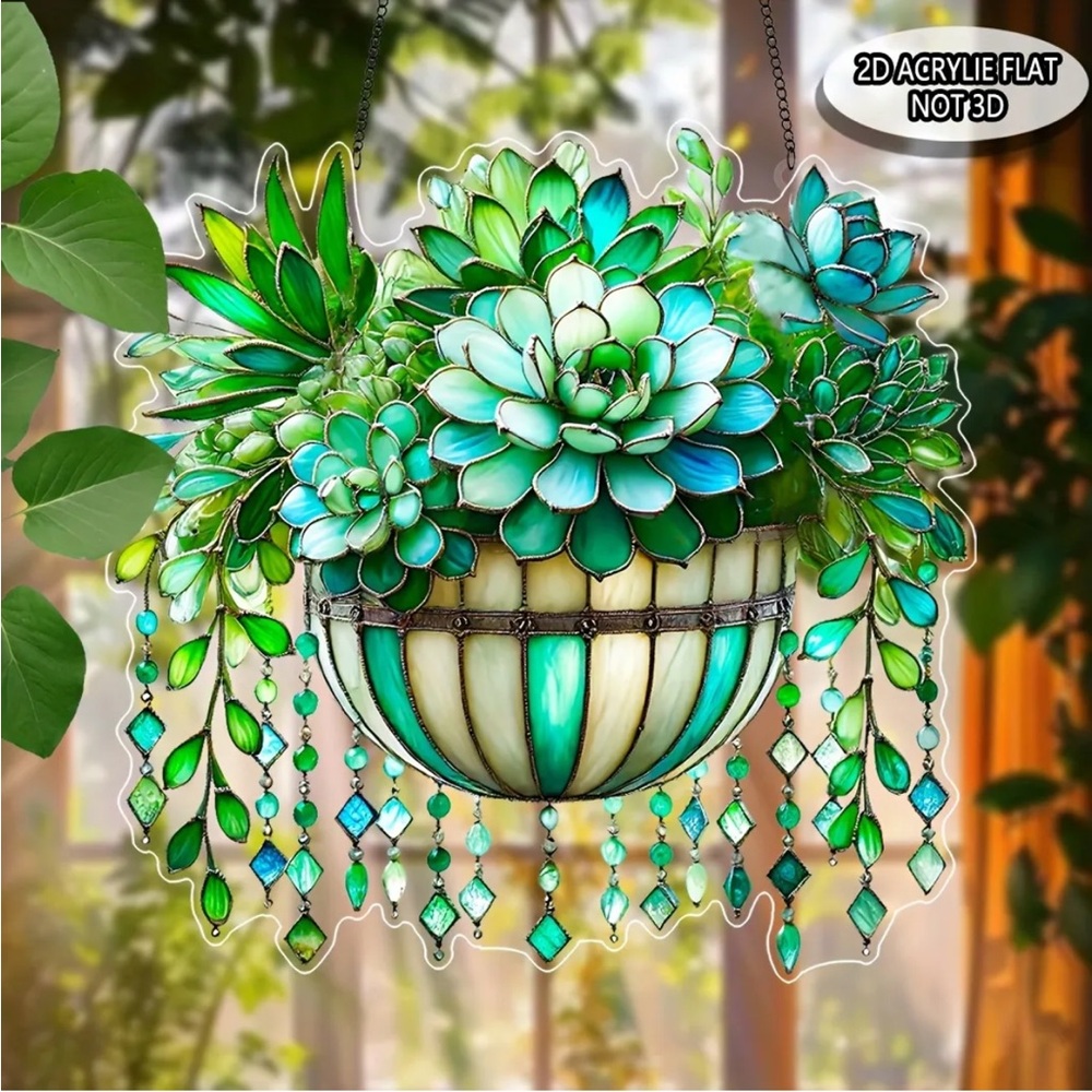 Green Faux Stained Glass Succulent w Hanging Vines 2D Flat Acrylic Suncatcher